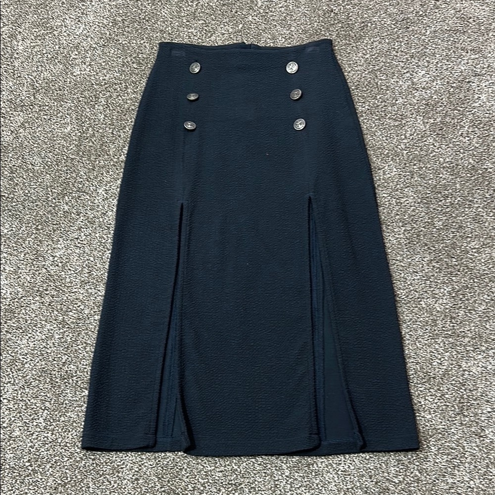 Maeve Dual Split Button Midi skirt size 4 Navy Blue dual slit - Picture 15 of 16